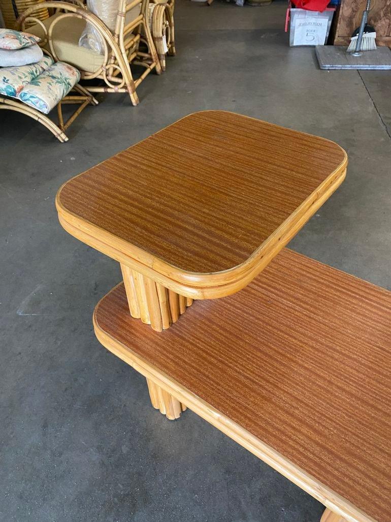 Mid-20th Century Restored Vertically Stacked Rattan Side Lamp Table with Formica Tops For Sale