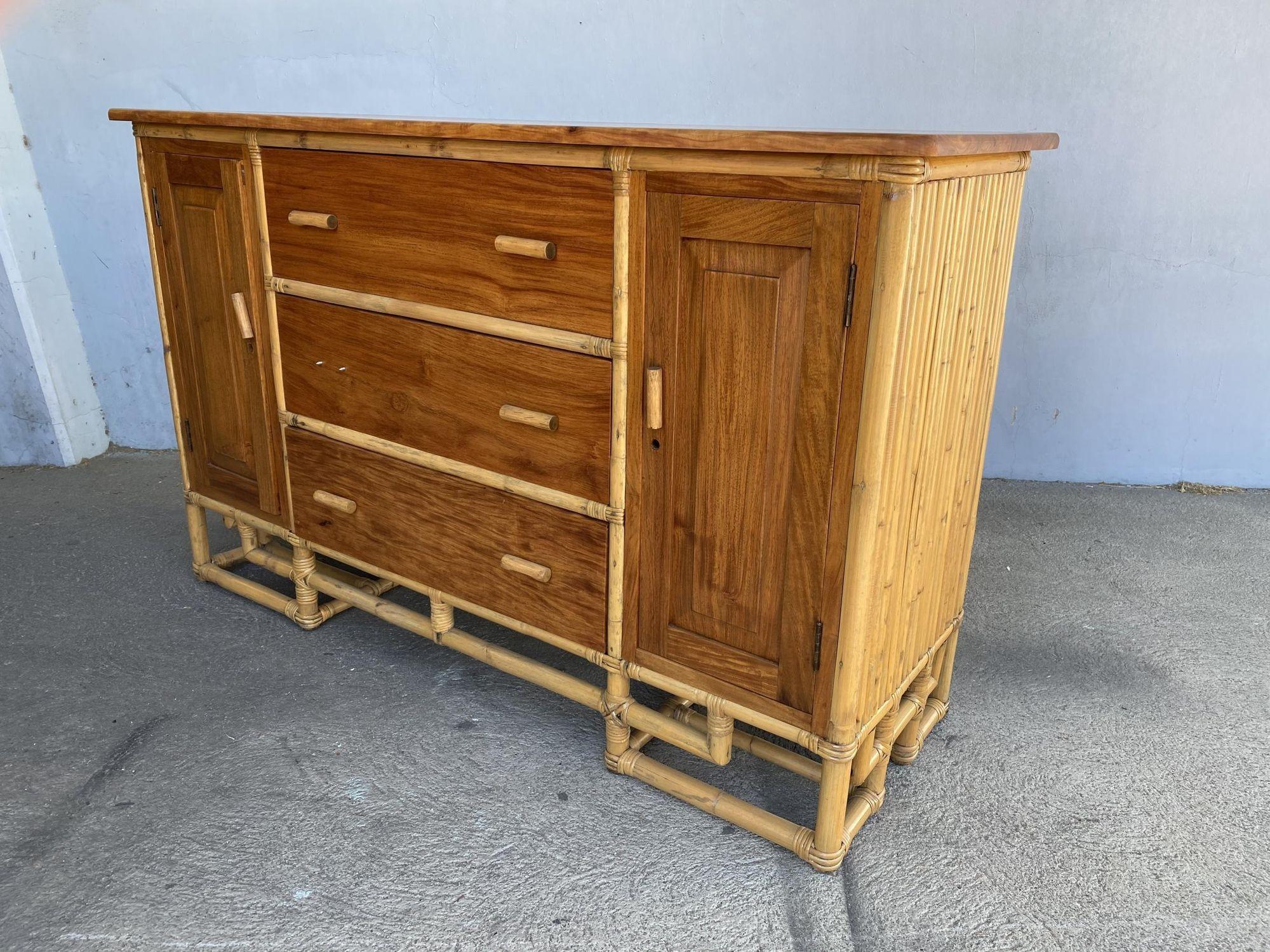American Restored Vertically Stacked Rattan Sideboard W/ Mahogany Top