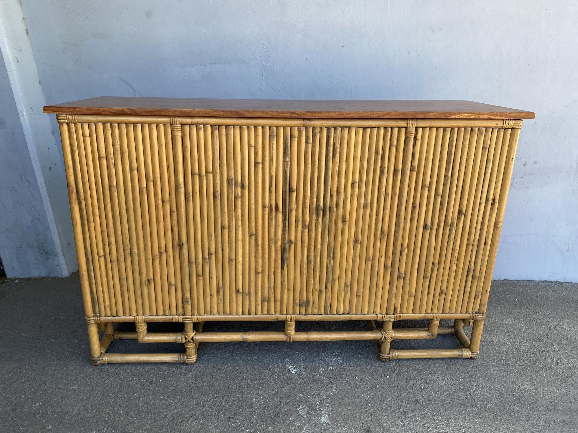 Mid-20th Century Restored Vertically Stacked Rattan Sideboard W/ Mahogany Top