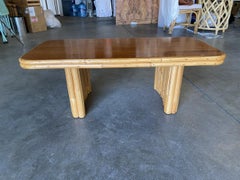 Restored Vertically Stacked Rattan Square Coffee Table with Mahogany Top