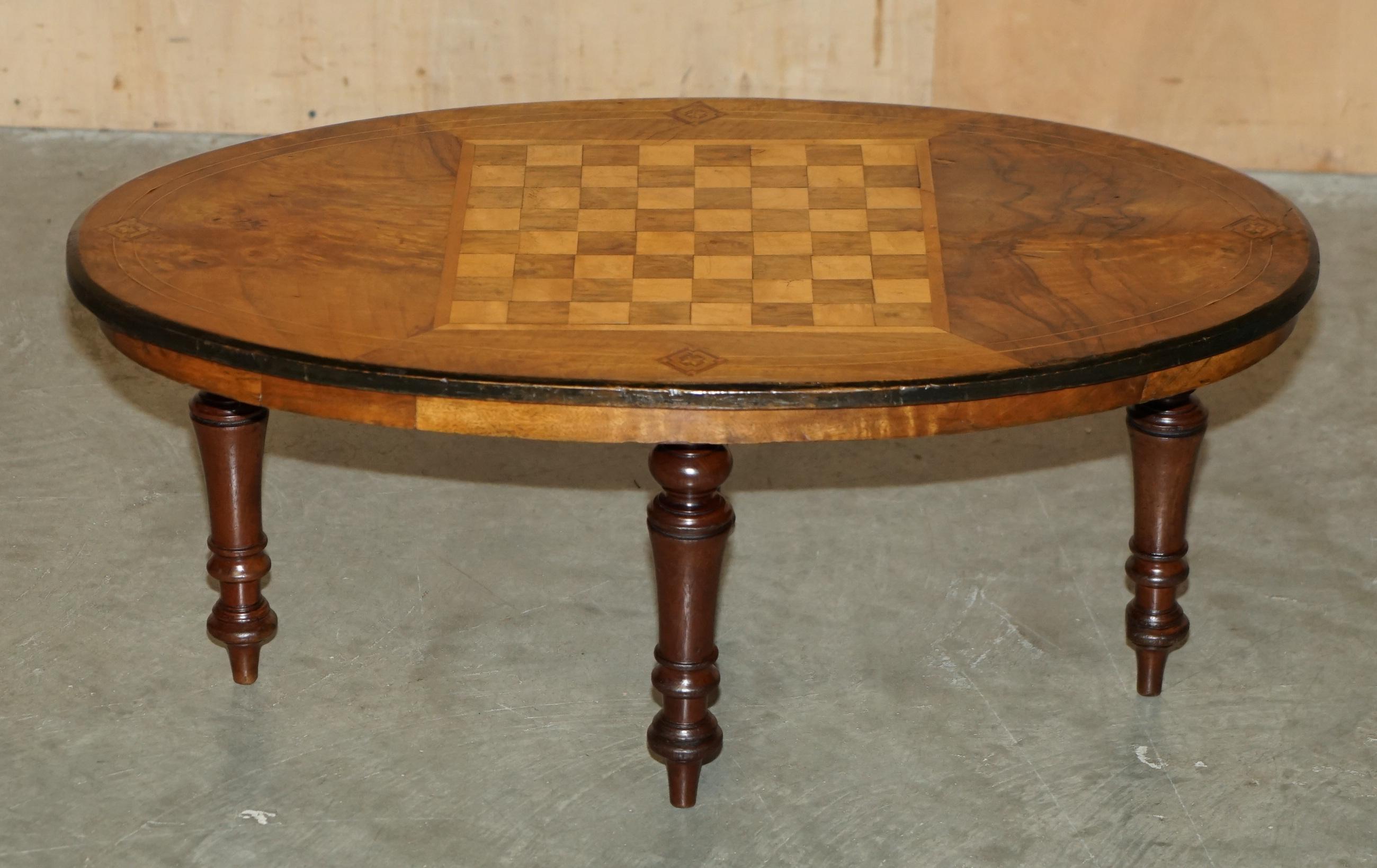 High Victorian RESTORED ViCTORIAN 1880 WALNUT & HARDWOOD MARQUETRY INLAID CHESS GAMES TABLE