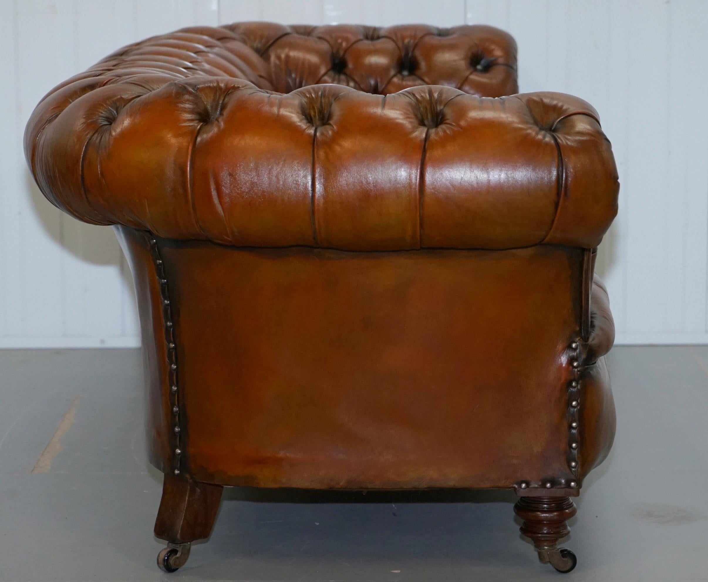 Restored Victorian 1890 Cornelius V. Smith Stamp Chesterfield Leather Sofa Brown For Sale 6