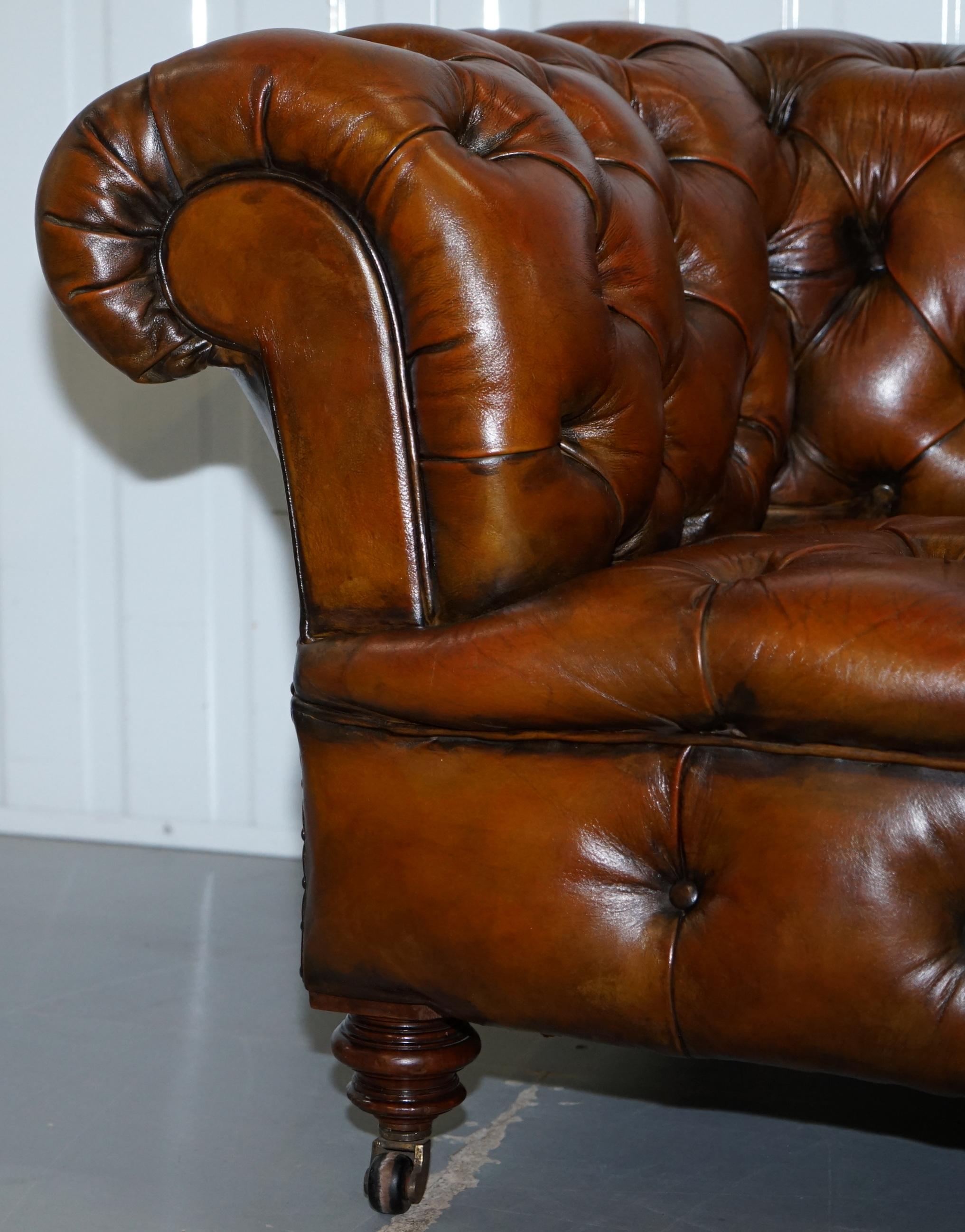 High Victorian Restored Victorian 1890 Cornelius V. Smith Stamp Chesterfield Leather Sofa Brown For Sale