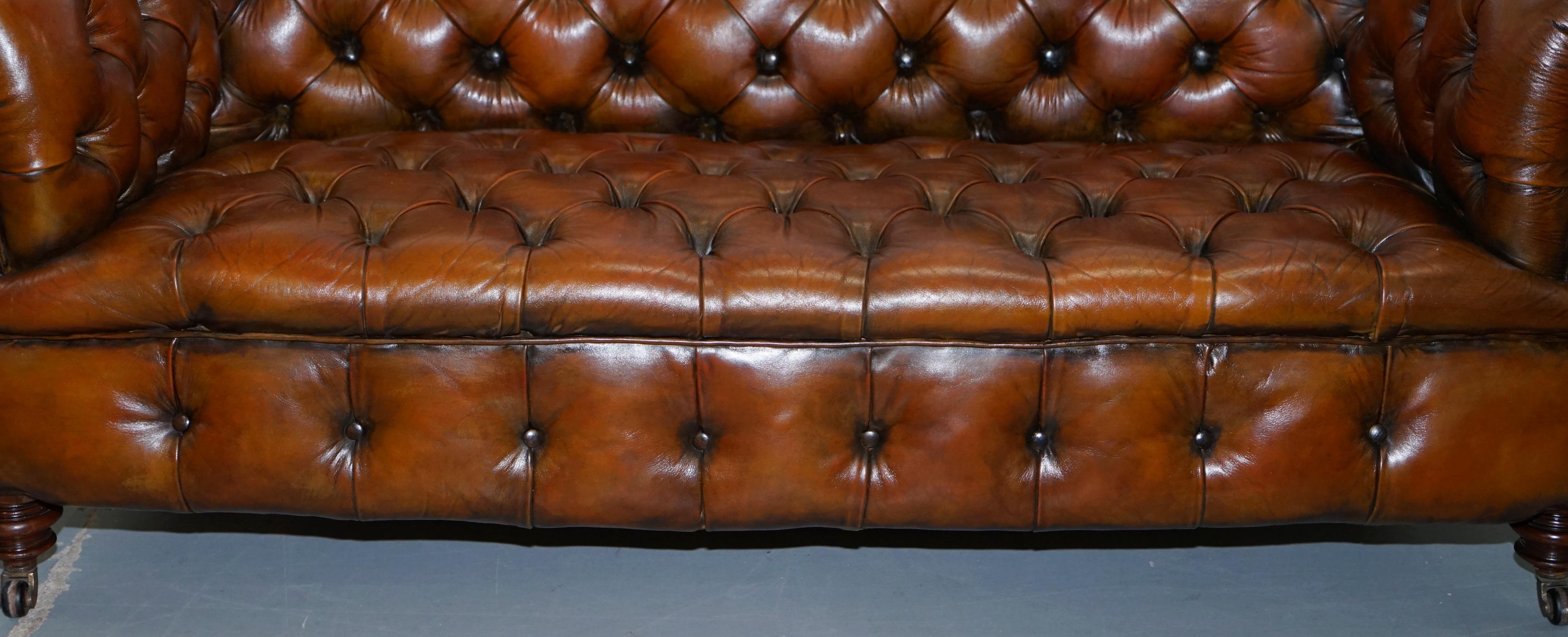 Hand-Crafted Restored Victorian 1890 Cornelius V. Smith Stamp Chesterfield Leather Sofa Brown For Sale
