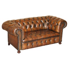 RESTORED VICTORiAN 1890 EXTRA LARGE ARMED CHESTERFIELD BROWN LEATHER CLUB SOFA