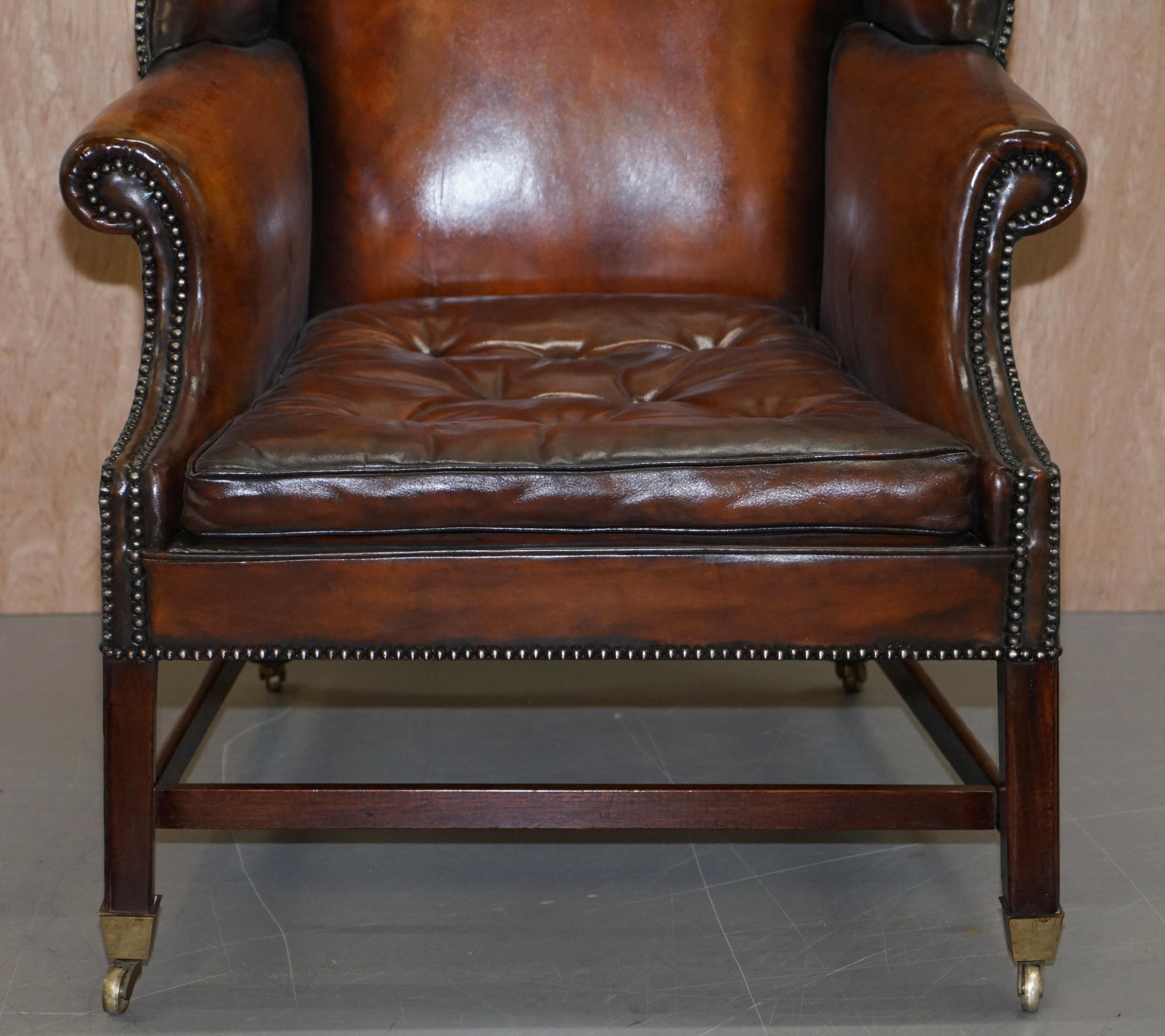 Restored Victorian Brown Leather Chesterfield Chippendale Wingback Armchair 1