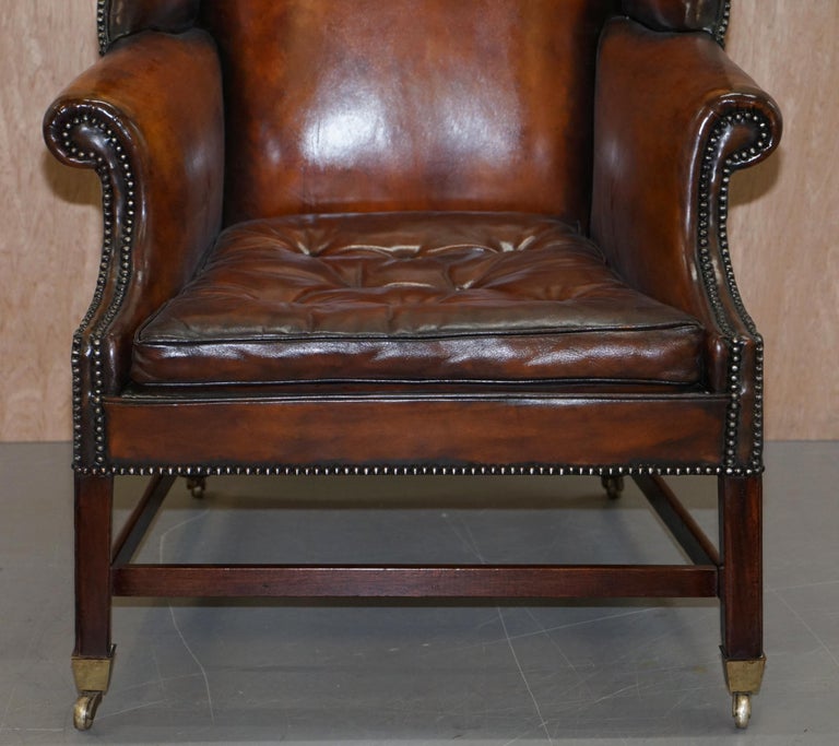 Restored Victorian Brown Leather Chesterfield Chippendale Wingback Armchair 4