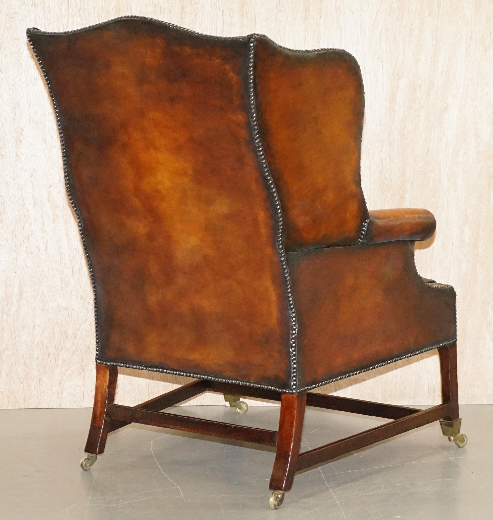 Restored Victorian Brown Leather Chesterfield Chippendale Wingback Armchair 5