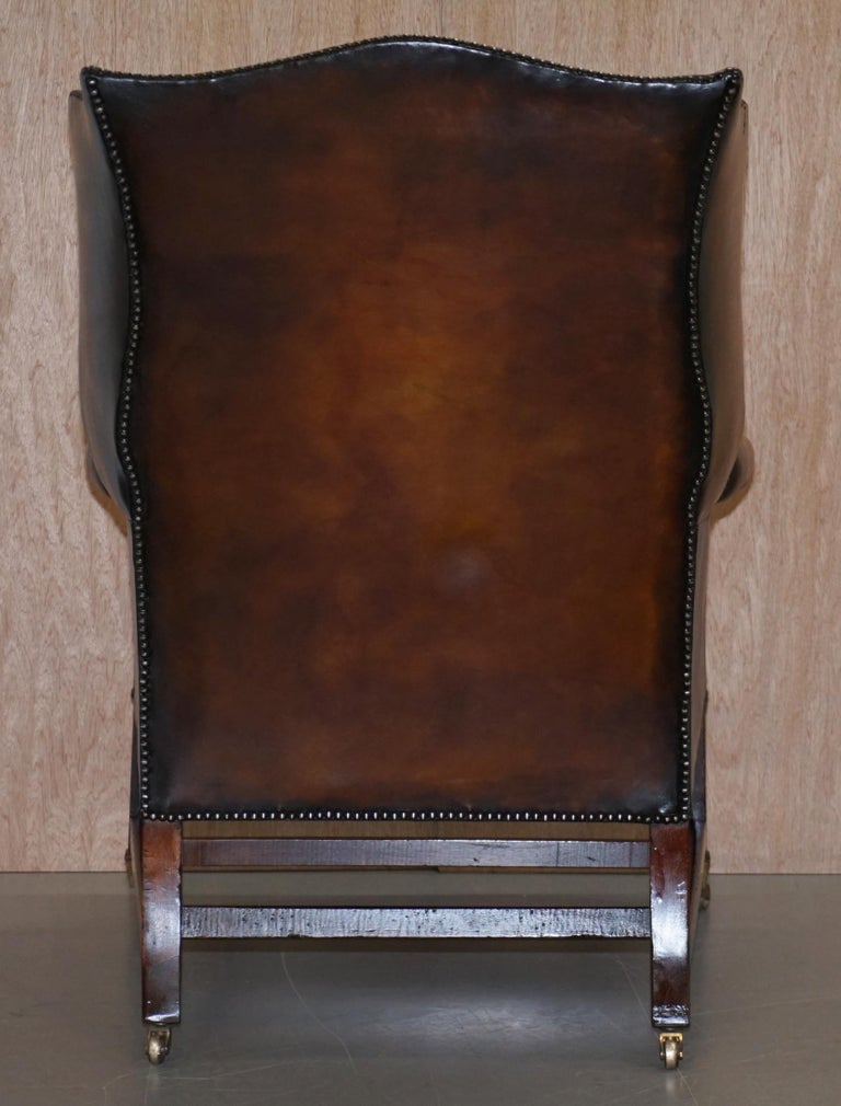 Restored Victorian Brown Leather Chesterfield Chippendale Wingback Armchair 9
