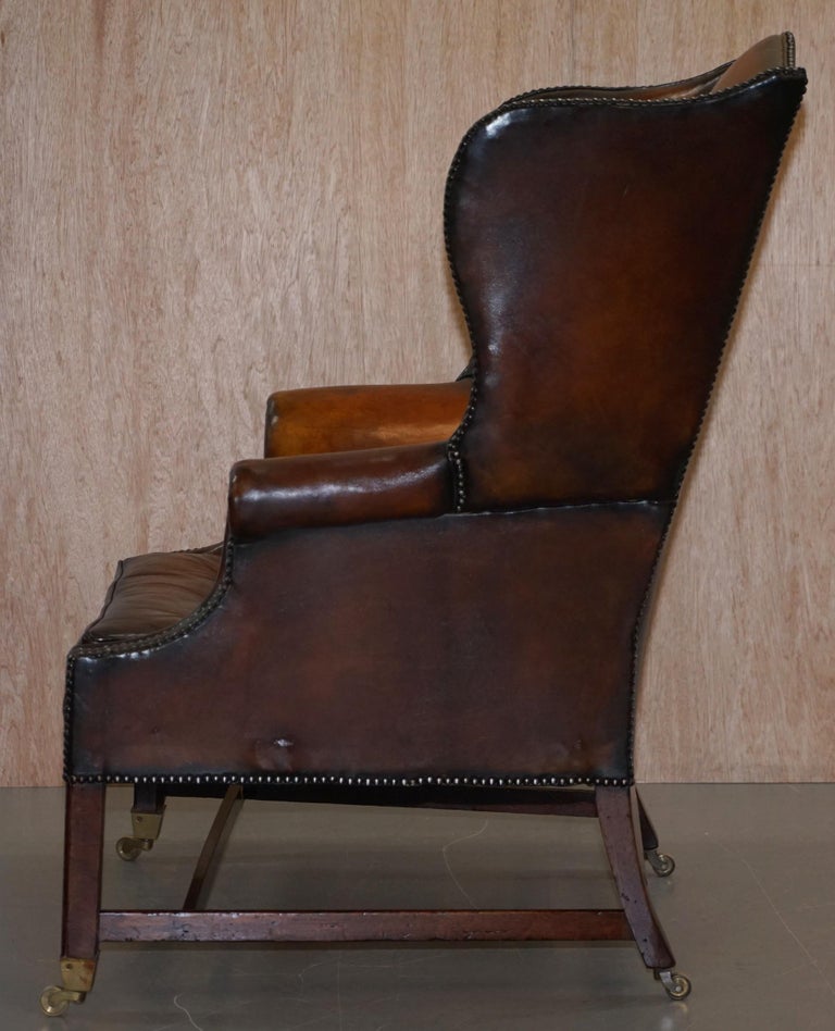 Restored Victorian Brown Leather Chesterfield Chippendale Wingback Armchair 11