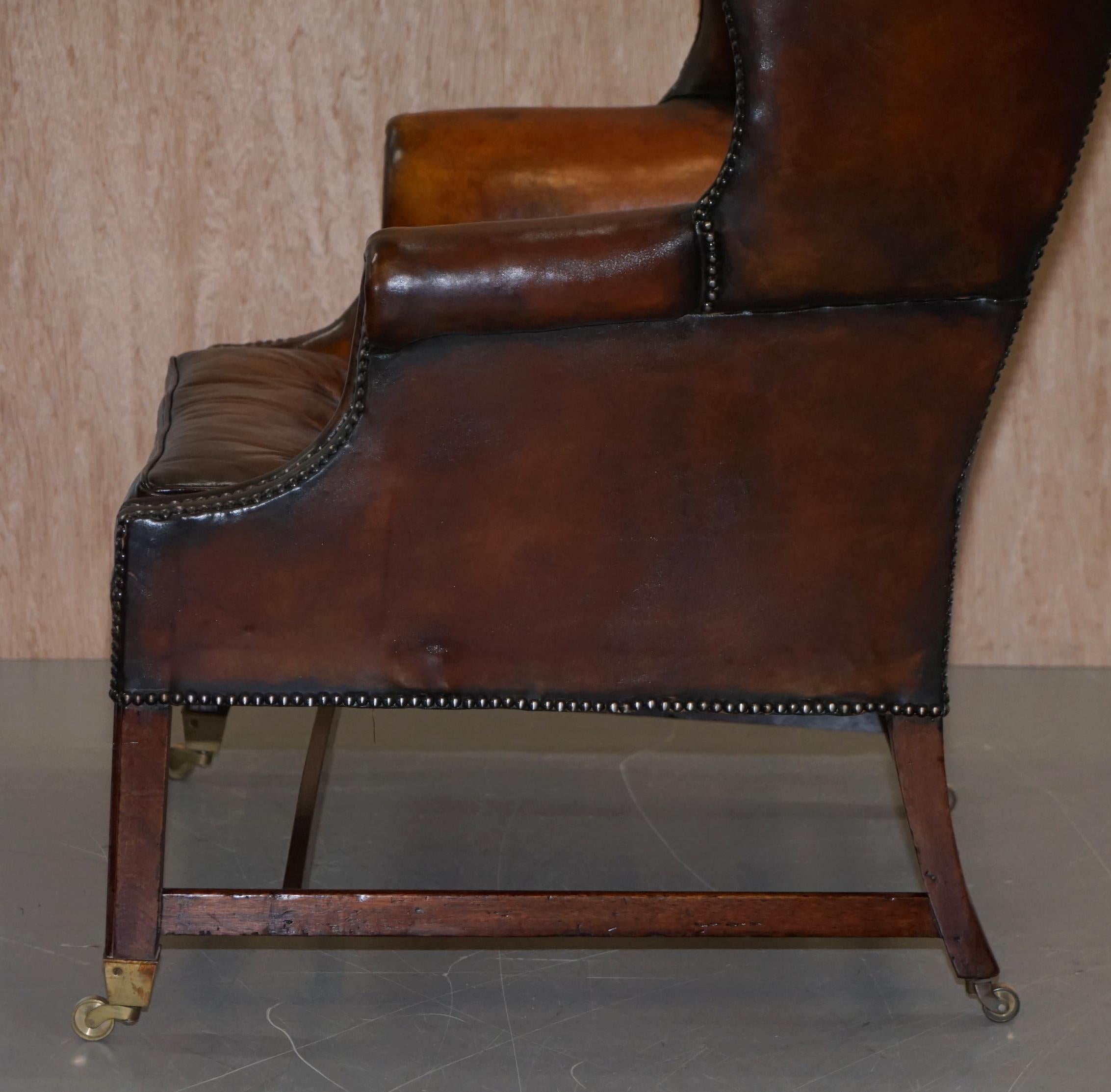 Restored Victorian Brown Leather Chesterfield Chippendale Wingback Armchair 9