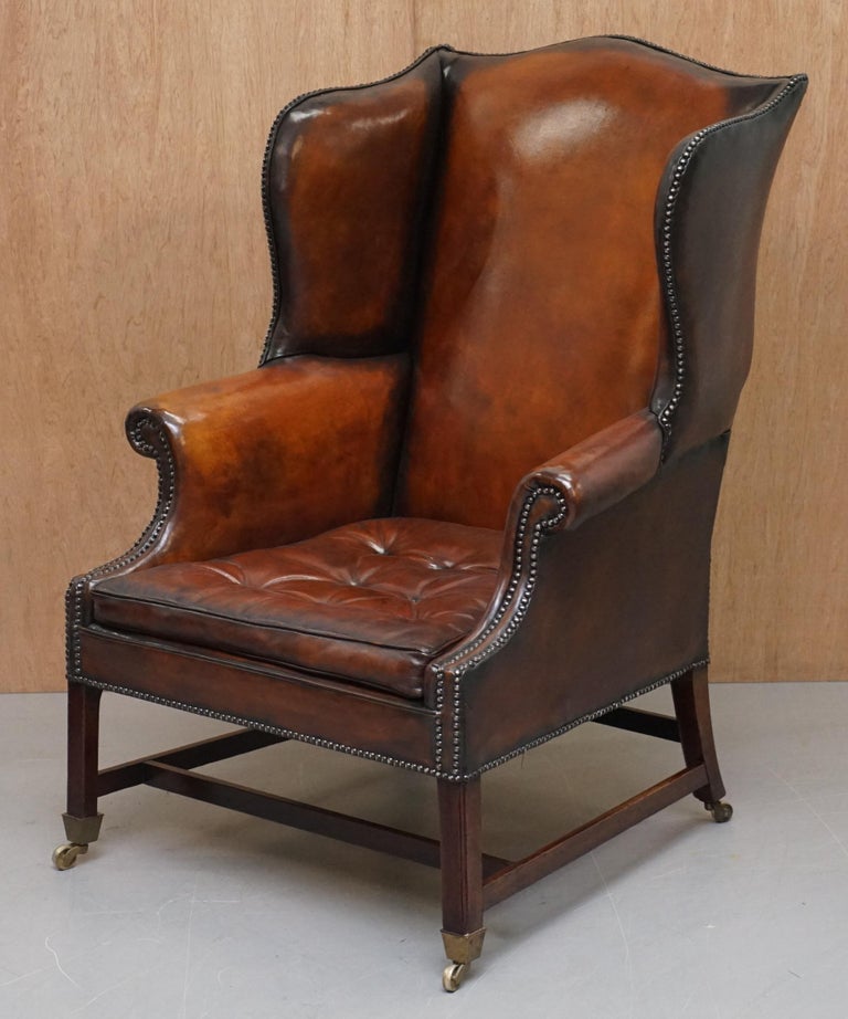 High Victorian Restored Victorian Brown Leather Chesterfield Chippendale Wingback Armchair