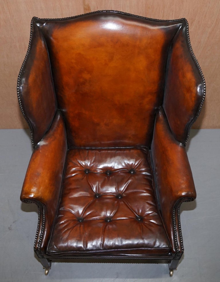 Hand-Crafted Restored Victorian Brown Leather Chesterfield Chippendale Wingback Armchair