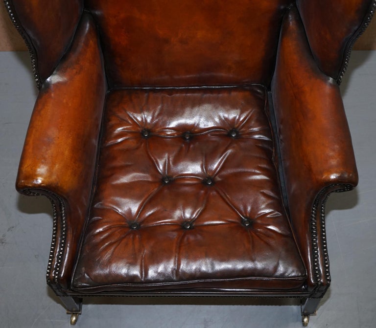 Mid-19th Century Restored Victorian Brown Leather Chesterfield Chippendale Wingback Armchair