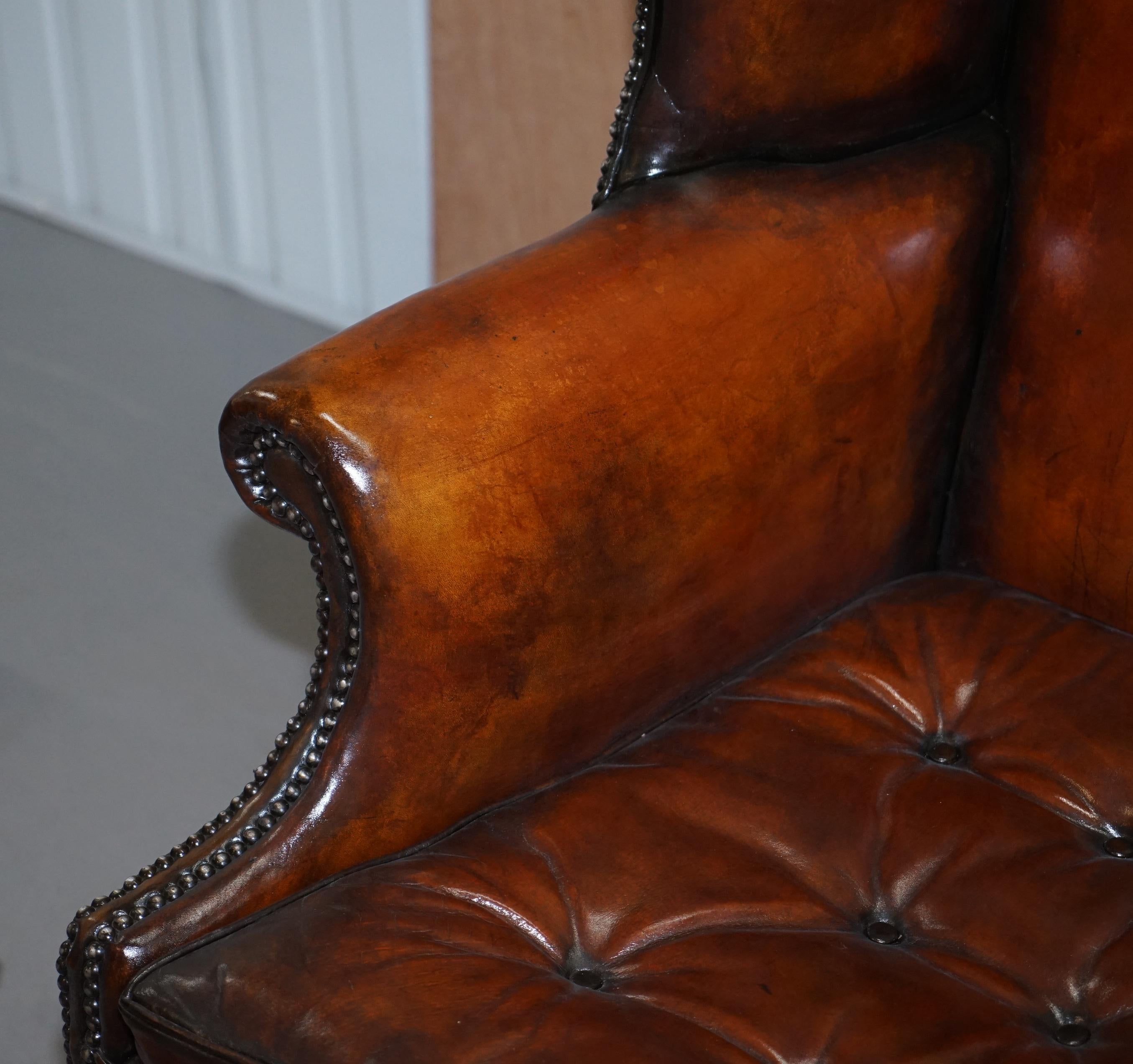English Restored Victorian Brown Leather Chesterfield Chippendale Wingback Armchair