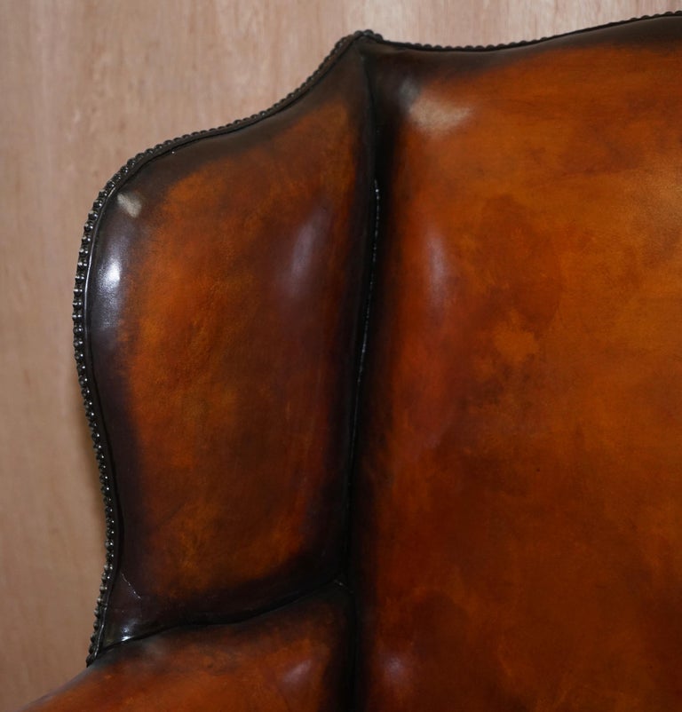 Restored Victorian Brown Leather Chesterfield Chippendale Wingback Armchair 2