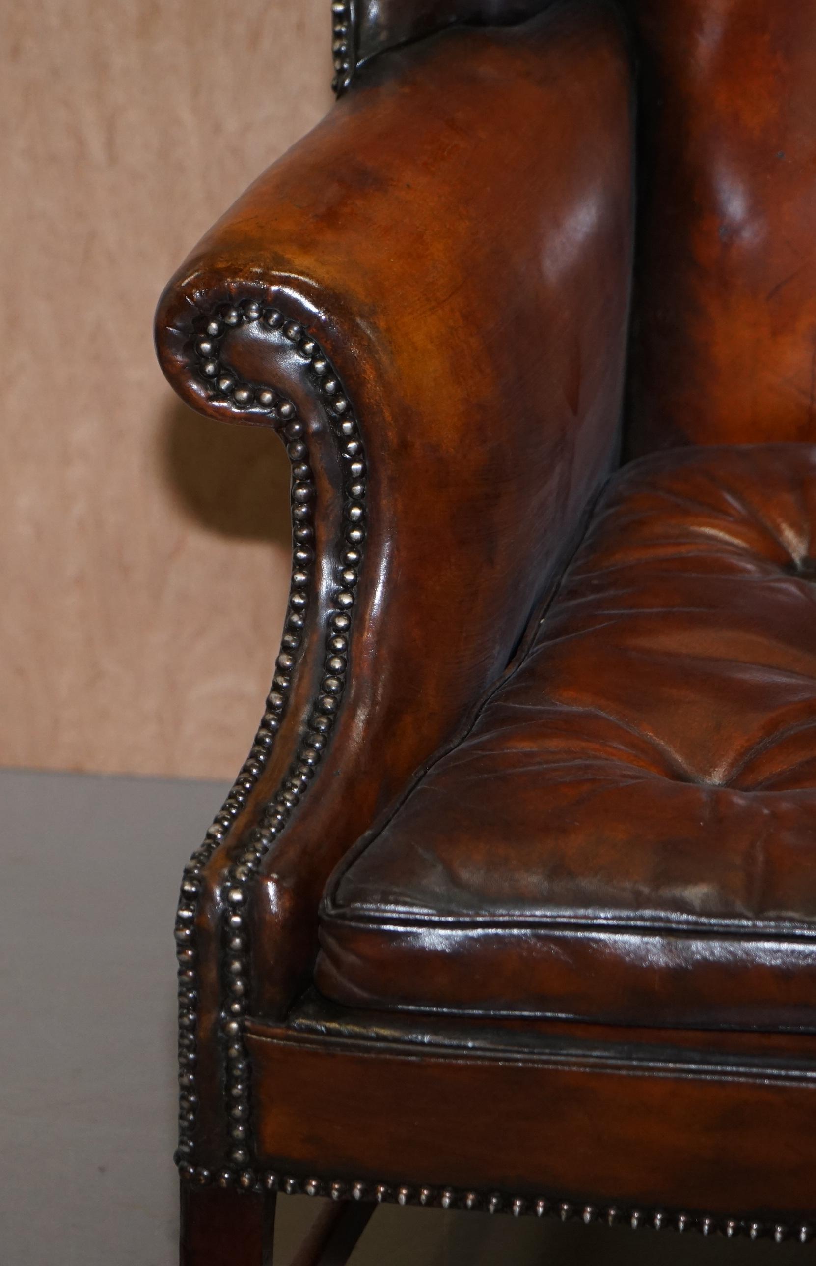 Mid-19th Century Restored Victorian Brown Leather Chesterfield Chippendale Wingback Armchair