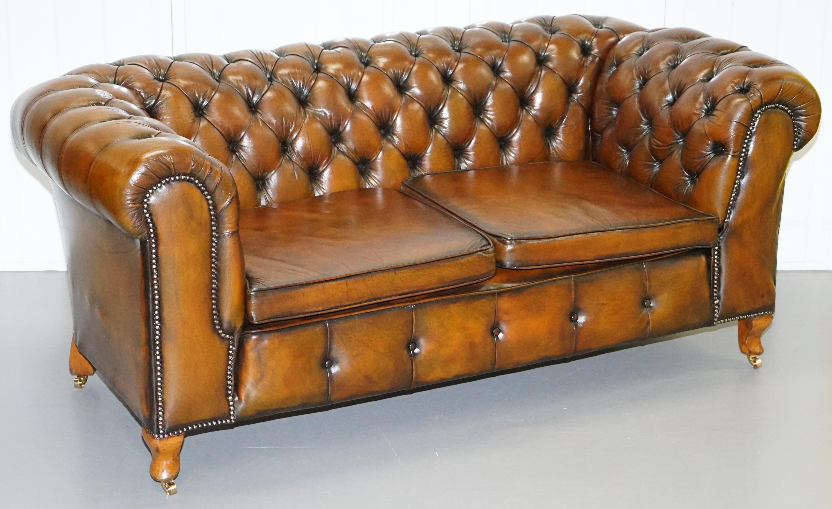 Restored Victorian Brown Leather Chesterfield Club Armchair Drop Arm Sofa Suite 7