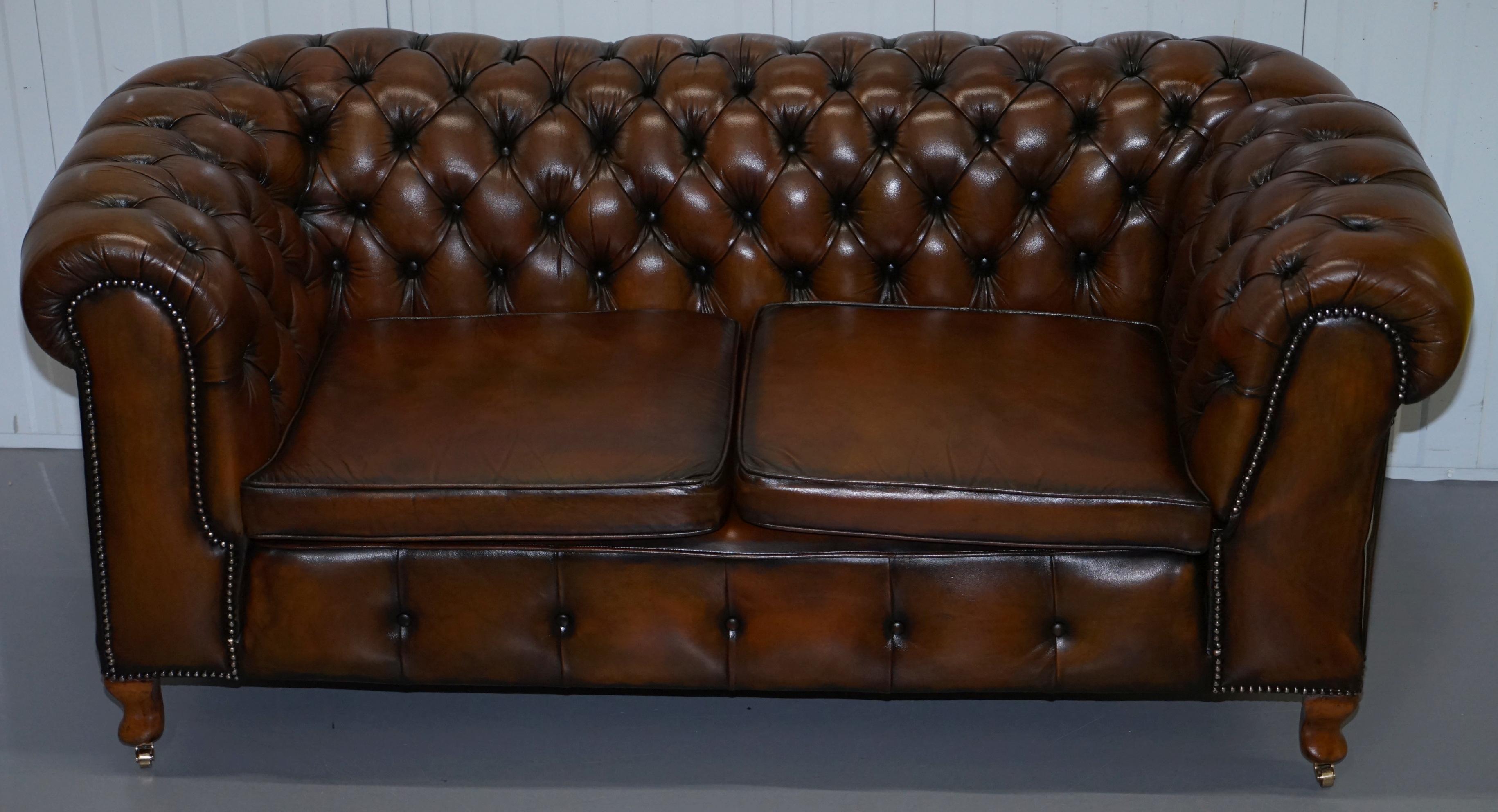 Restored Victorian Brown Leather Chesterfield Club Armchair Drop Arm Sofa Suite 8