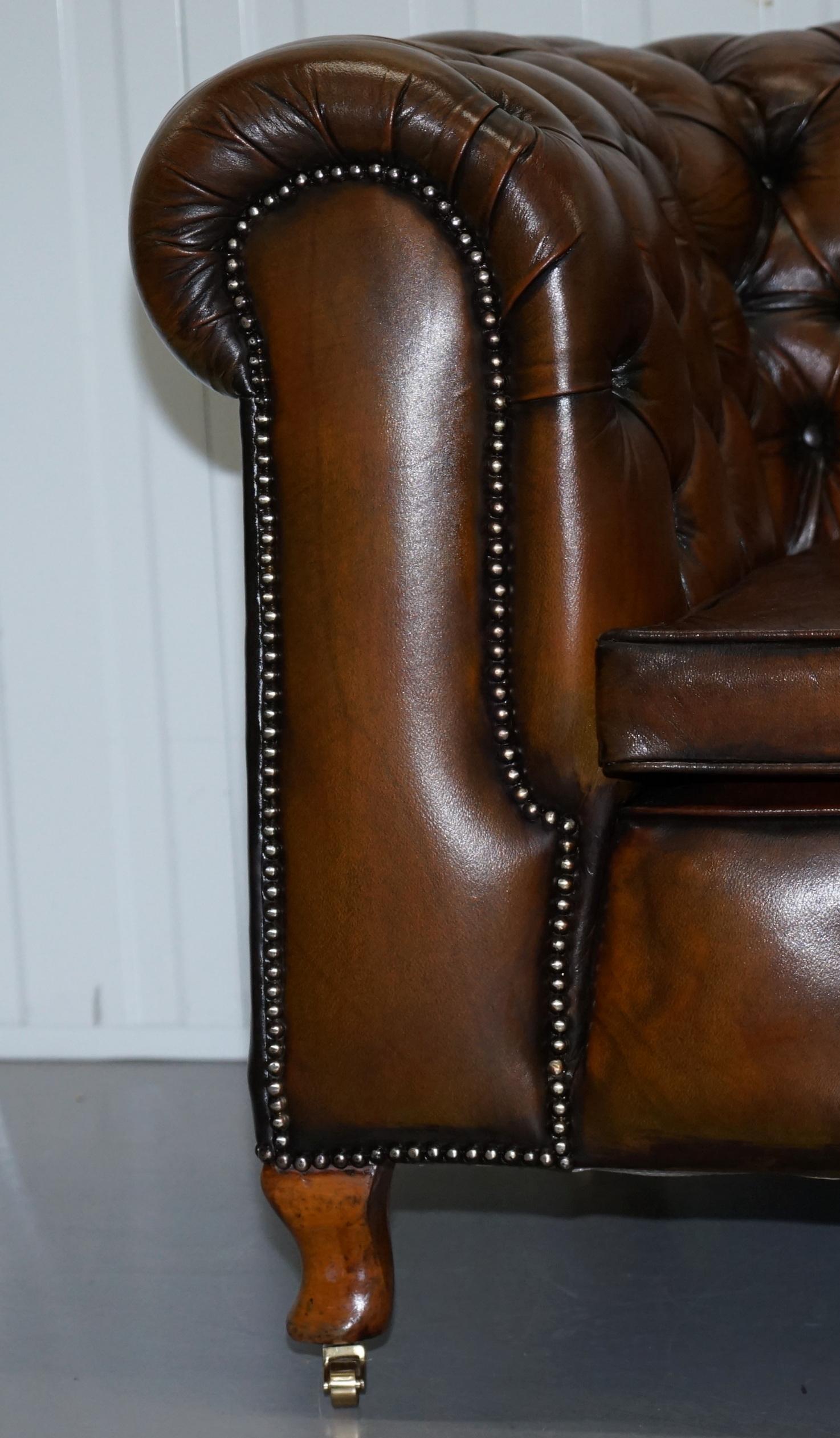 Restored Victorian Brown Leather Chesterfield Club Armchair Drop Arm Sofa Suite 9