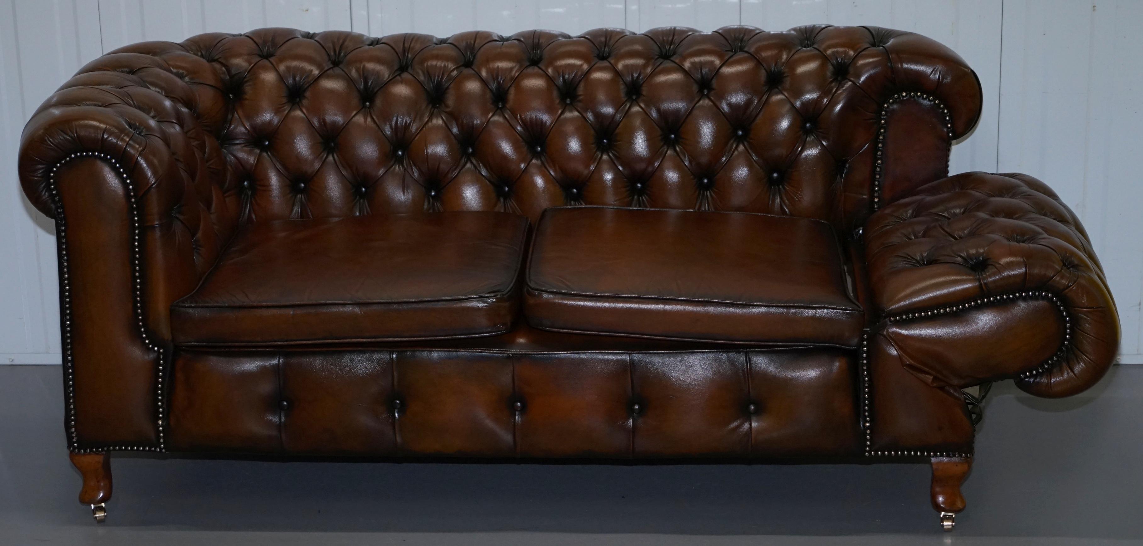 Restored Victorian Brown Leather Chesterfield Club Armchair Drop Arm Sofa Suite 12