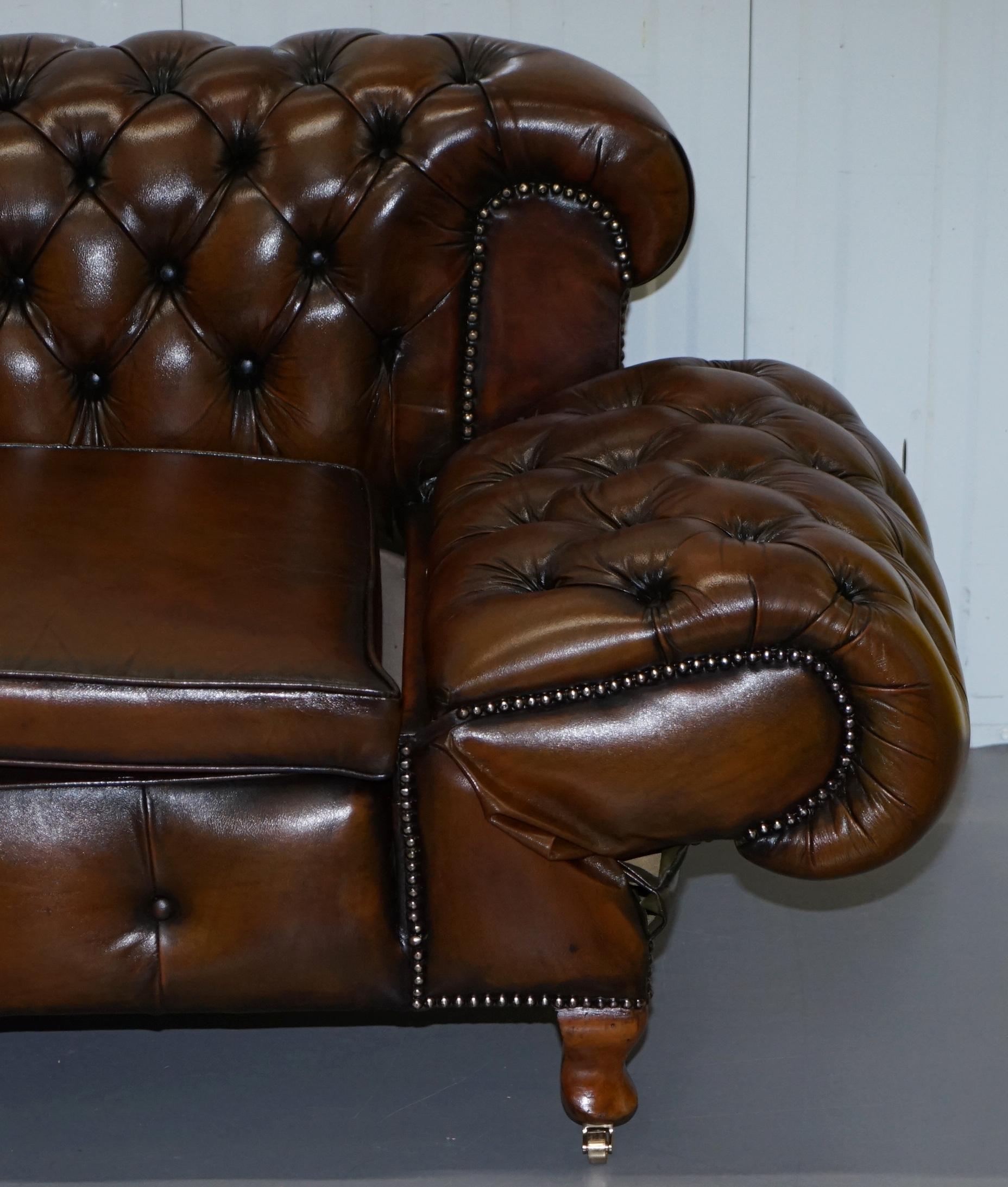 Restored Victorian Brown Leather Chesterfield Club Armchair Drop Arm Sofa Suite 13