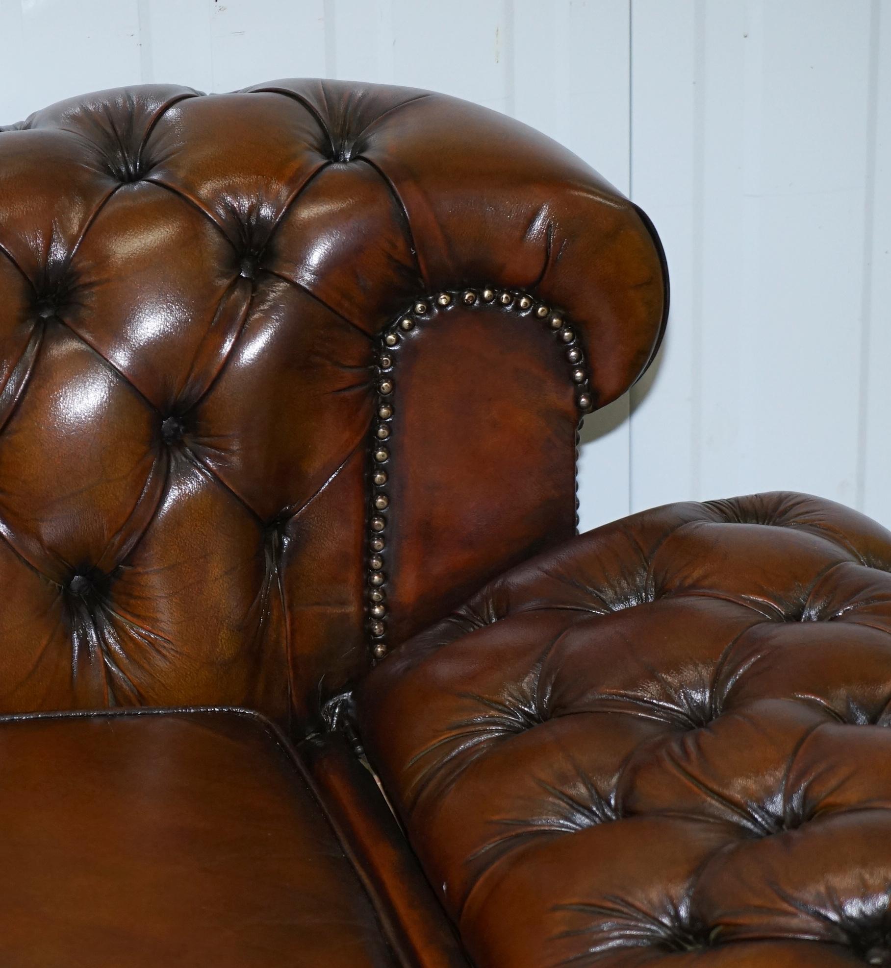 Restored Victorian Brown Leather Chesterfield Club Armchair Drop Arm Sofa Suite 14