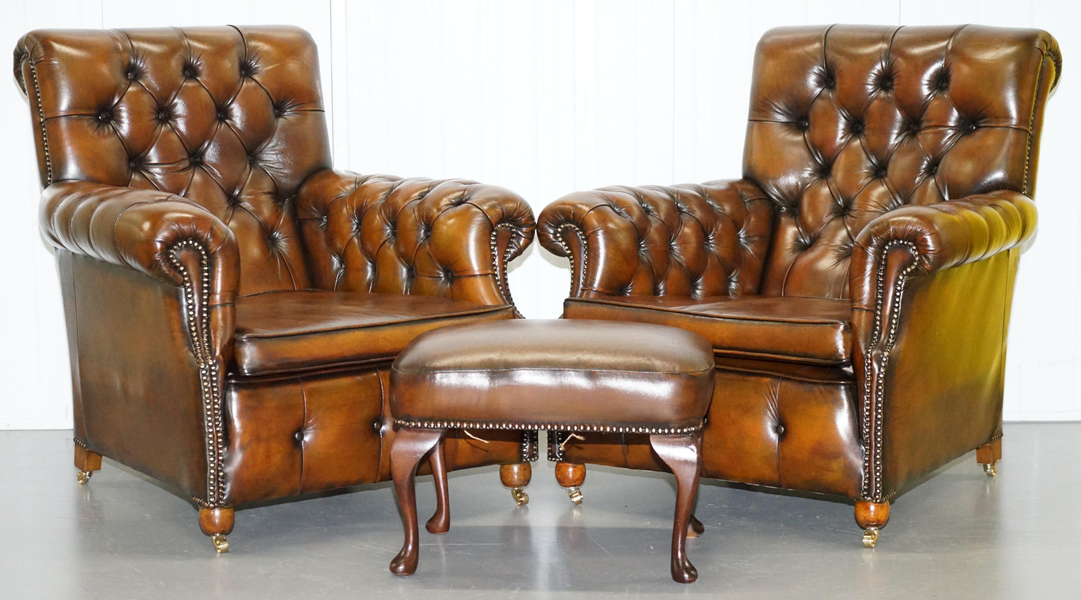 We are delighted to offer for sale this stunning vintage fully restored Chesterfield cigar brown leather Victorian suite

A very rare find, I never come across original sets of four pieces from this era and especially not the fully buttoned sets. We
