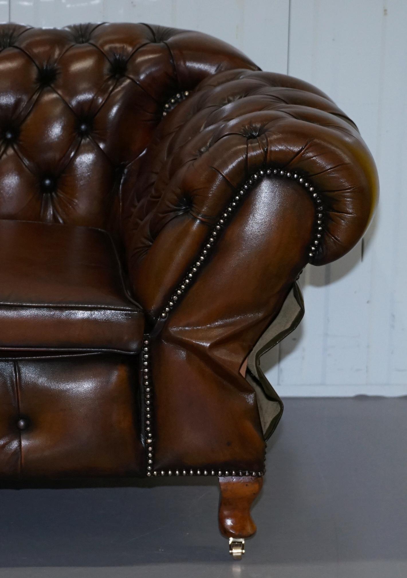Restored Victorian Brown Leather Chesterfield Club Armchair Drop Arm Sofa Suite 15