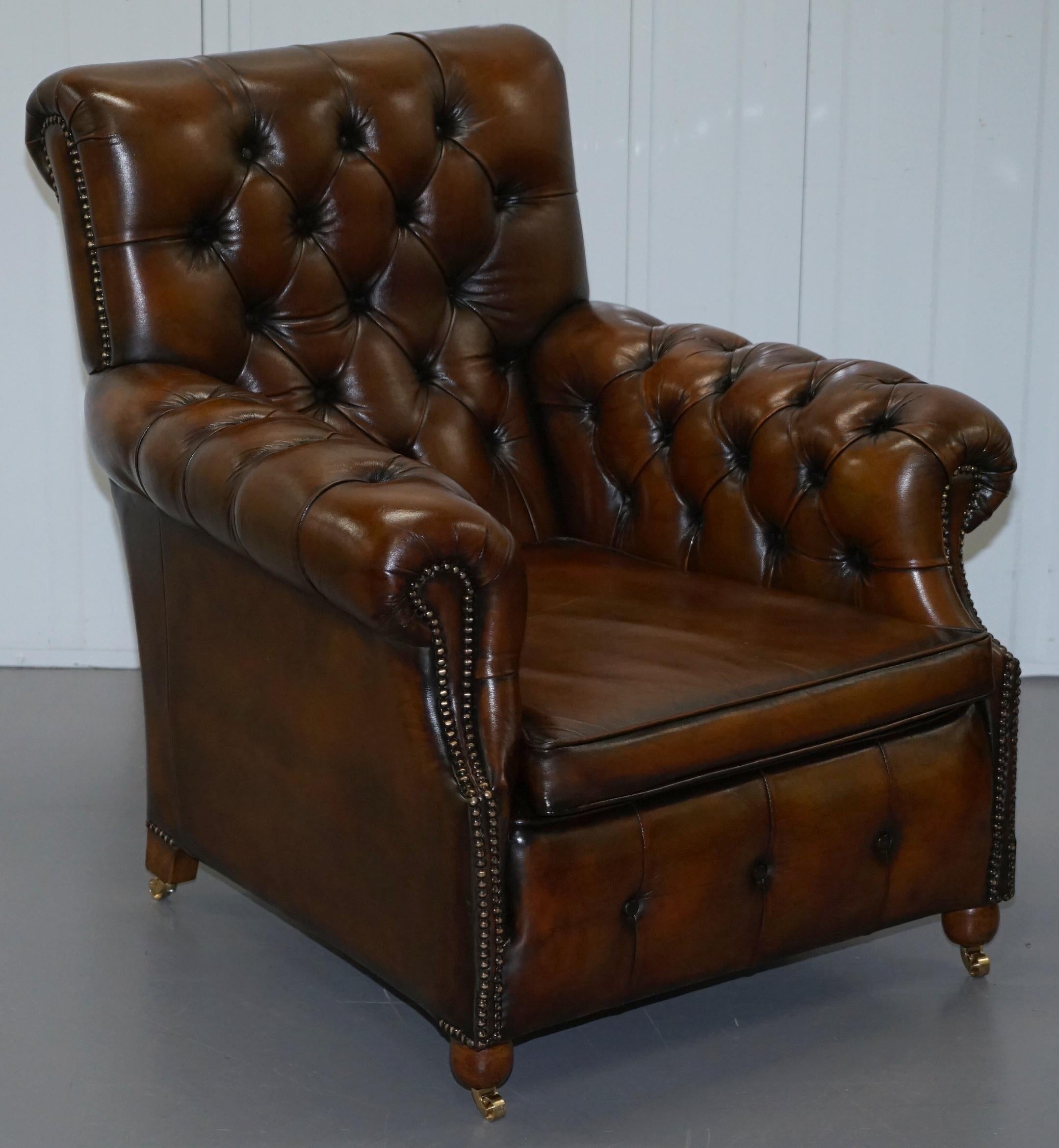 English Restored Victorian Brown Leather Chesterfield Club Armchair Drop Arm Sofa Suite