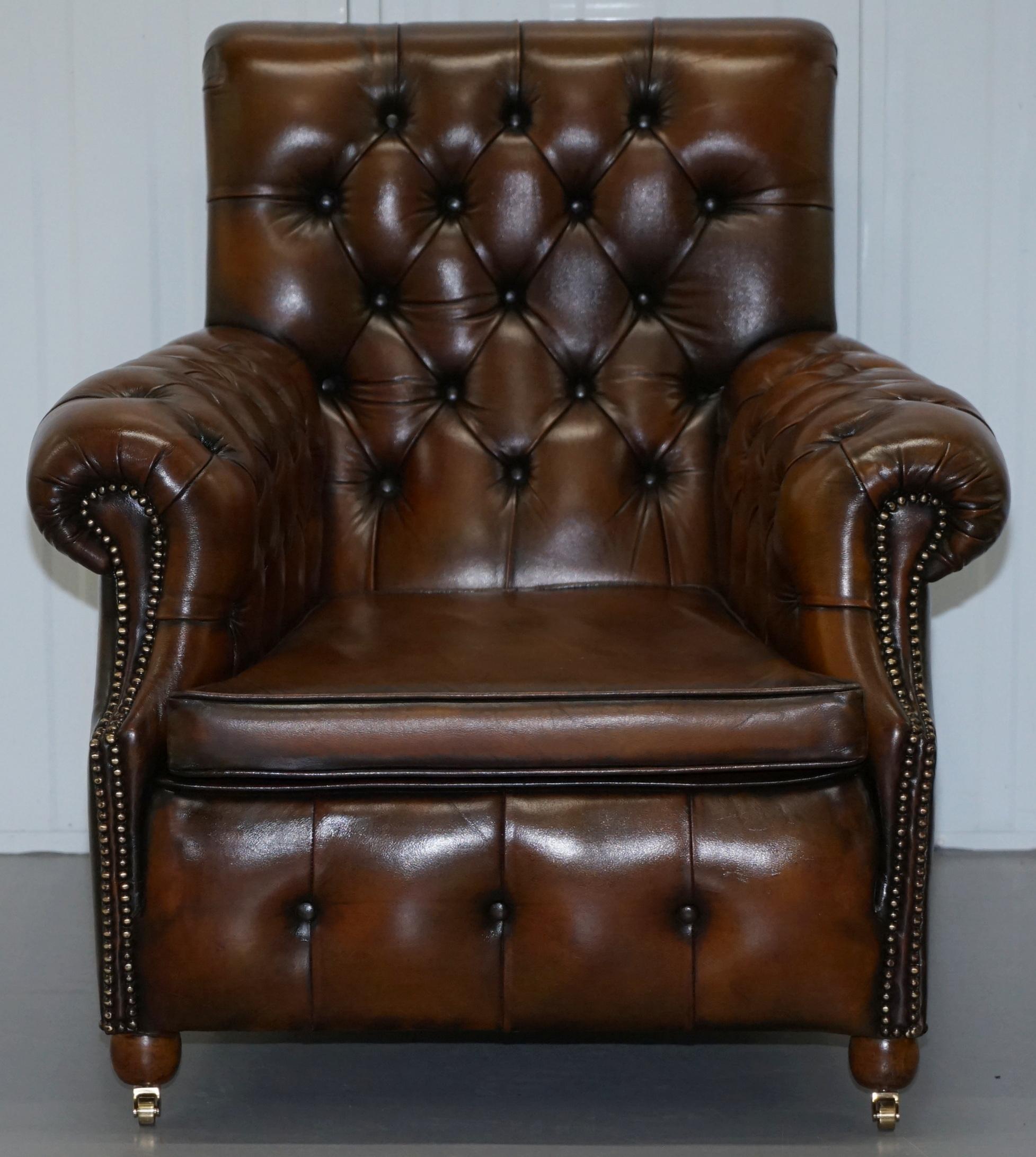 Hand-Crafted Restored Victorian Brown Leather Chesterfield Club Armchair Drop Arm Sofa Suite