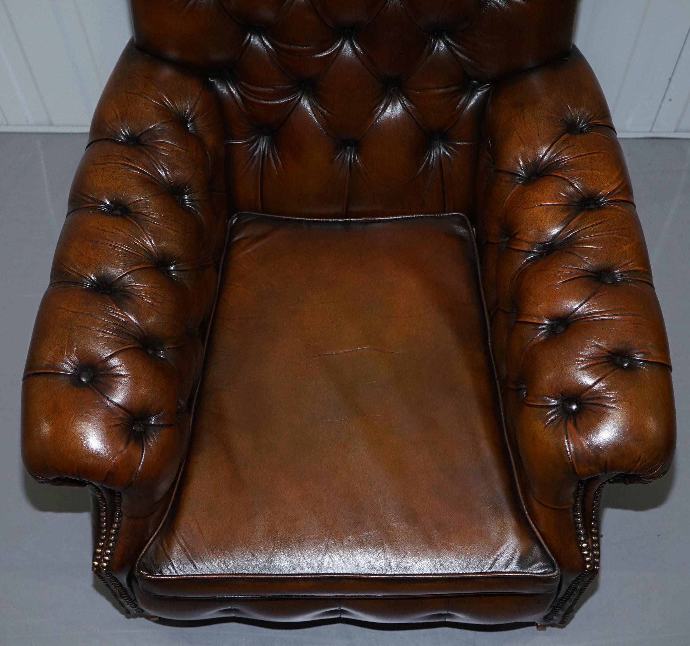 Restored Victorian Brown Leather Chesterfield Club Armchair Drop Arm Sofa Suite 1