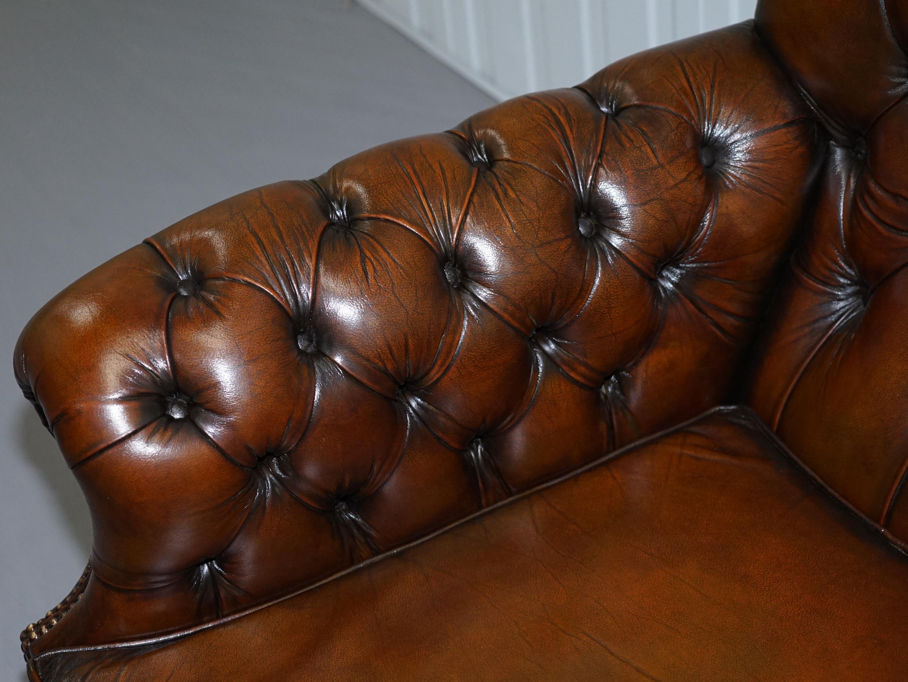 Restored Victorian Brown Leather Chesterfield Club Armchair Drop Arm Sofa Suite 2