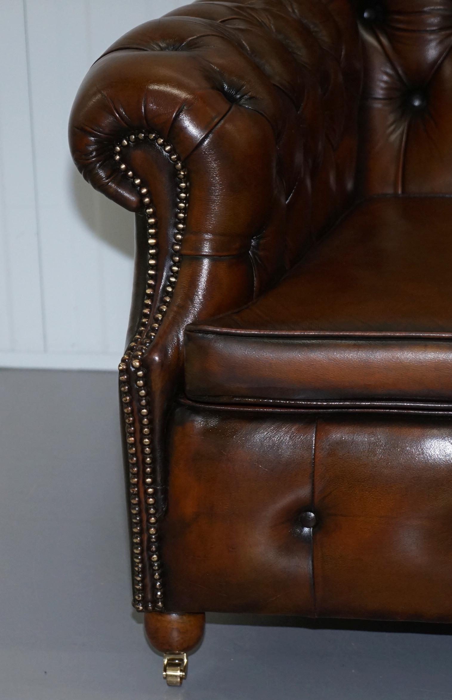 Restored Victorian Brown Leather Chesterfield Club Armchair Drop Arm Sofa Suite 3