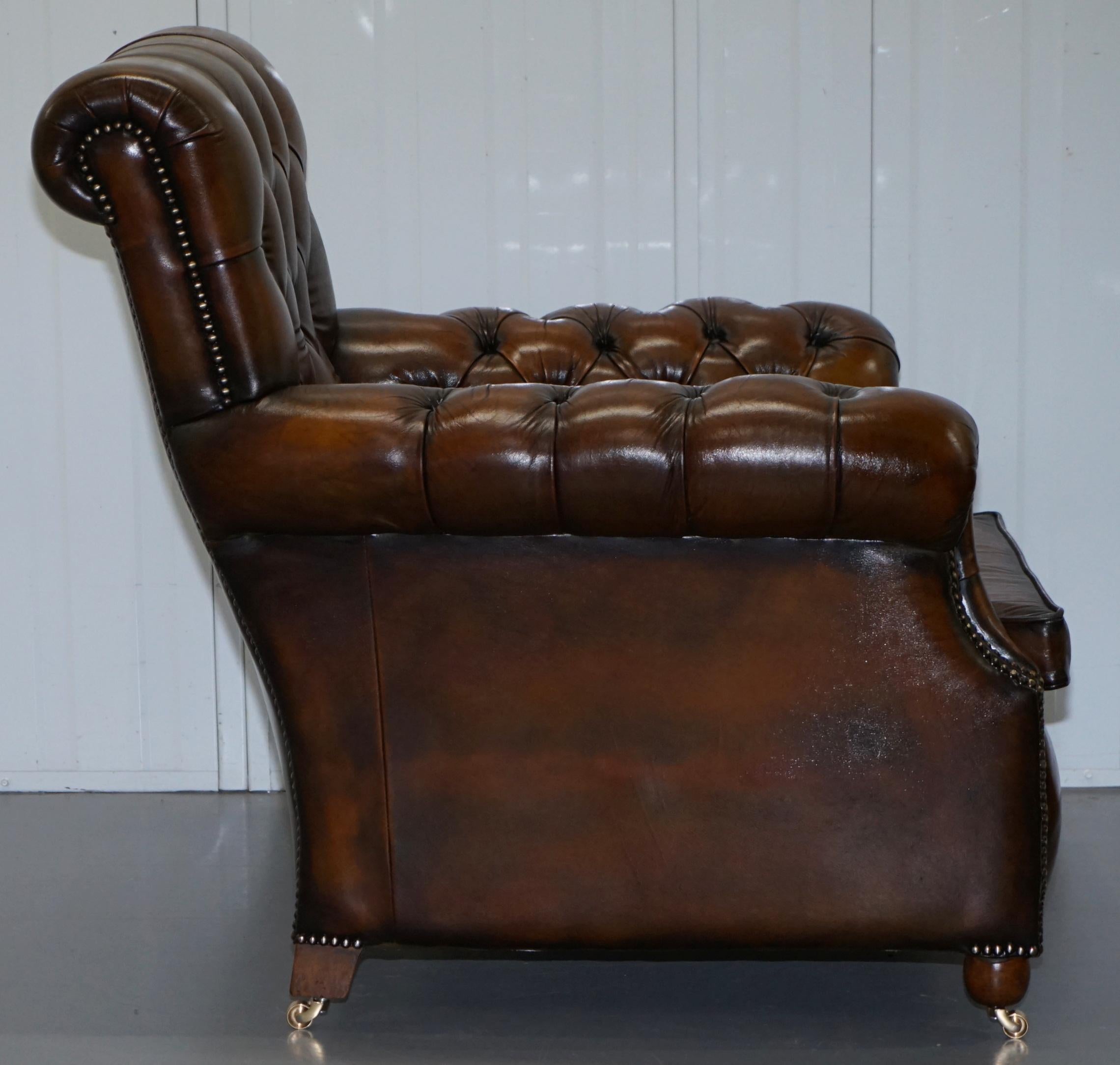 Restored Victorian Brown Leather Chesterfield Club Armchair Drop Arm Sofa Suite 4