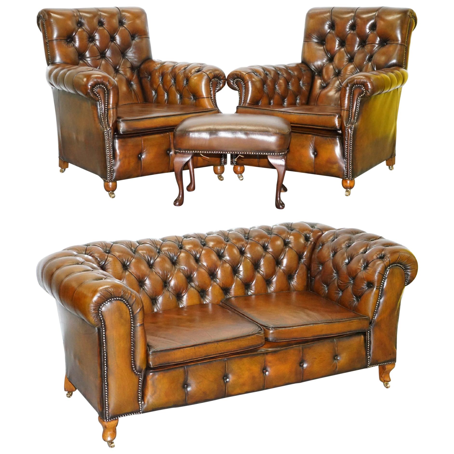 Restored Victorian Brown Leather Chesterfield Club Armchair Drop Arm Sofa Suite