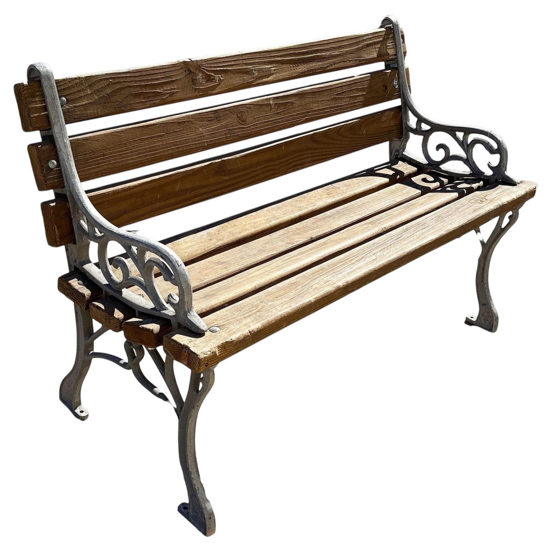 Restored Victorian Cast Iron & Wooden Lath Garden Bench w/ Vine Leaf Detail