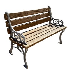 Restored Victorian Cast Iron & Wooden Lath Garden Bench w/ Vine Leaf Detail Pair