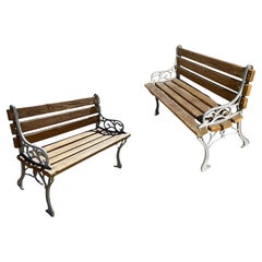 Restored Victorian Cast Iron & Wooden Lath Garden Bench w/ Vine Leaf Detail Pair