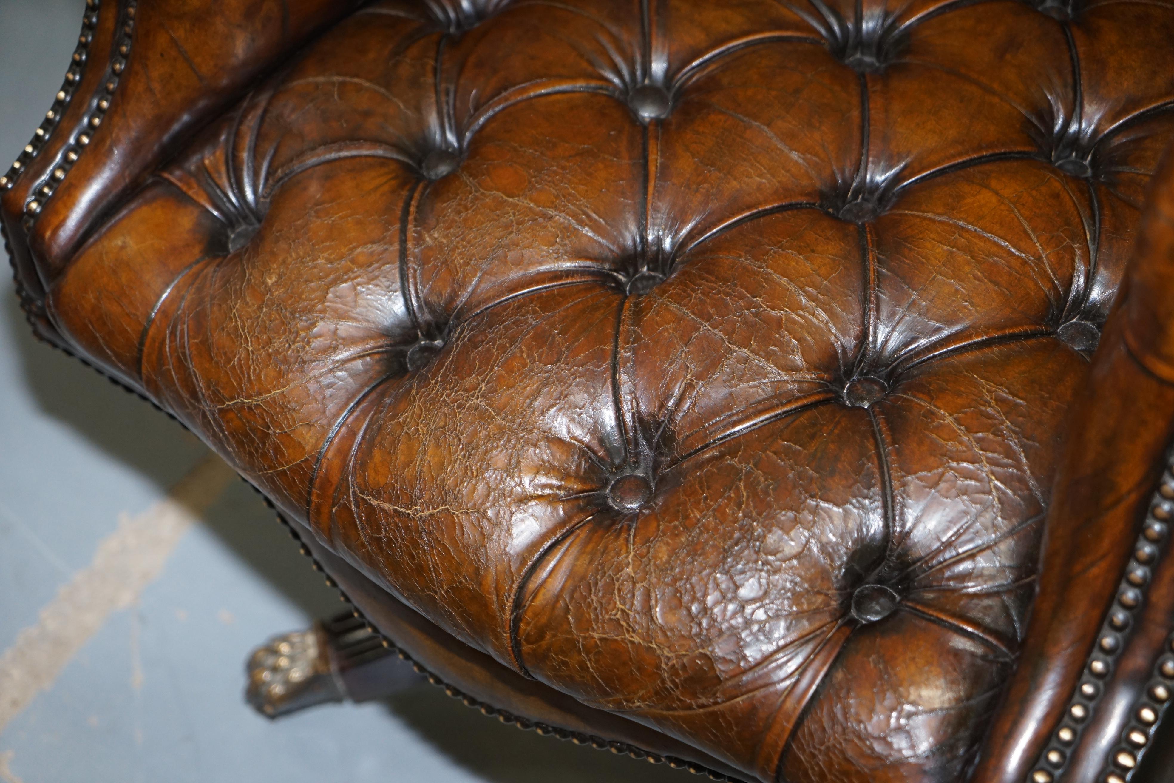 Restored Victorian Chesterfield Barrel Brown Leather Directors Captains Chair 2