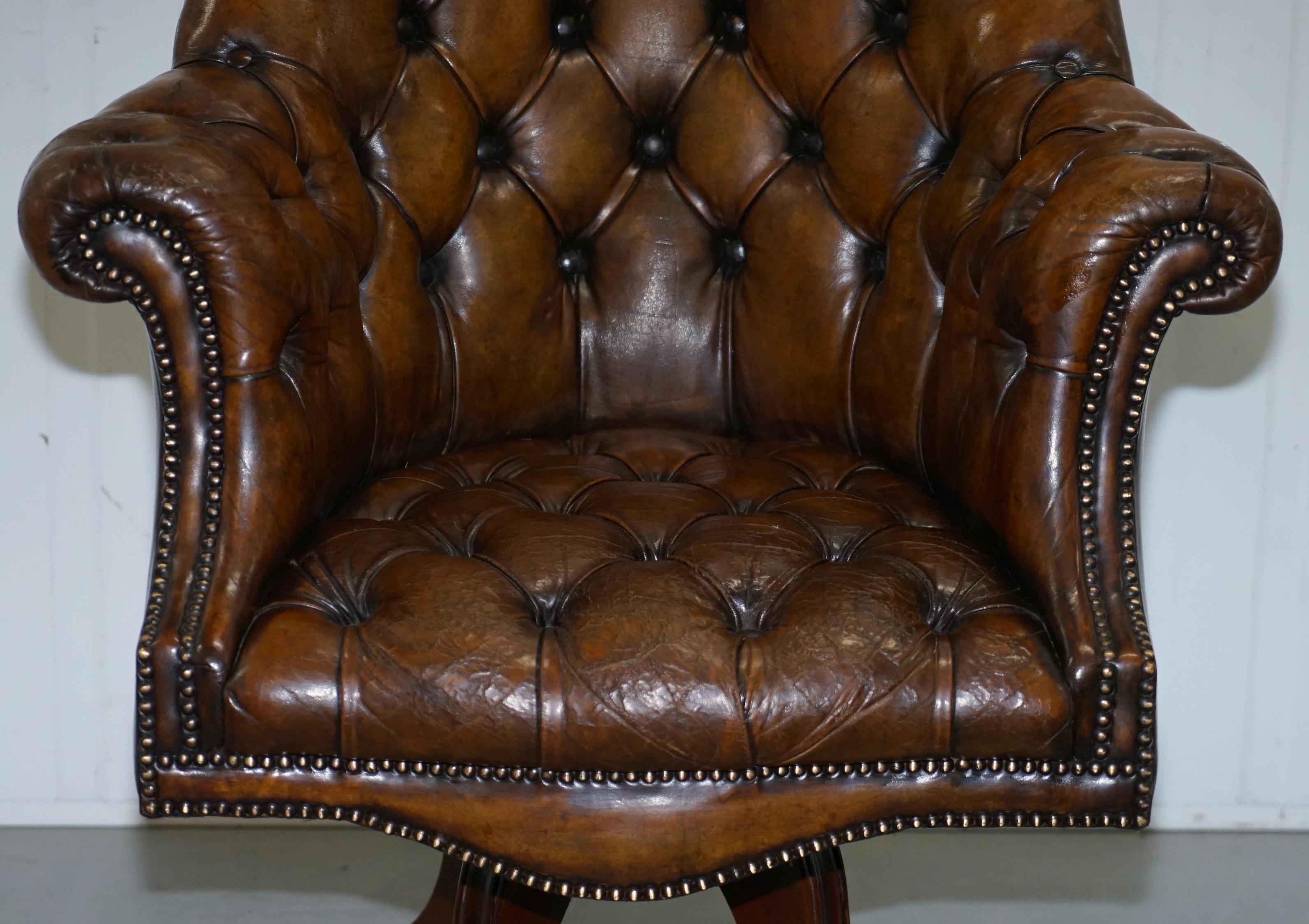 Restored Victorian Chesterfield Barrel Brown Leather Directors Captains Chair 3