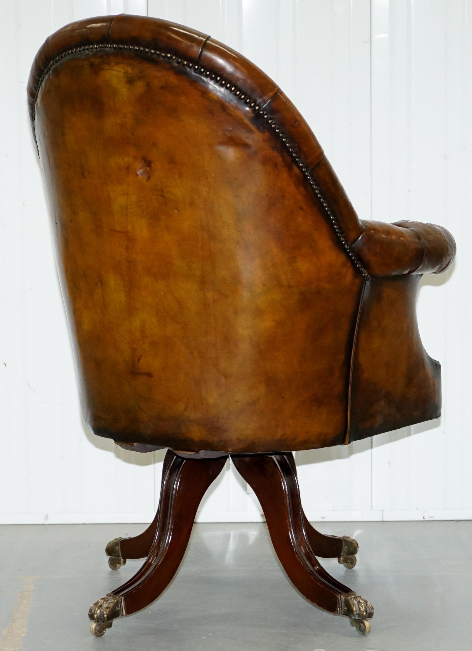 Restored Victorian Chesterfield Barrel Brown Leather Directors Captains Chair 7