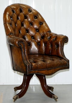 Restored Victorian Chesterfield Barrel Brown Leather Directors Captains Chair