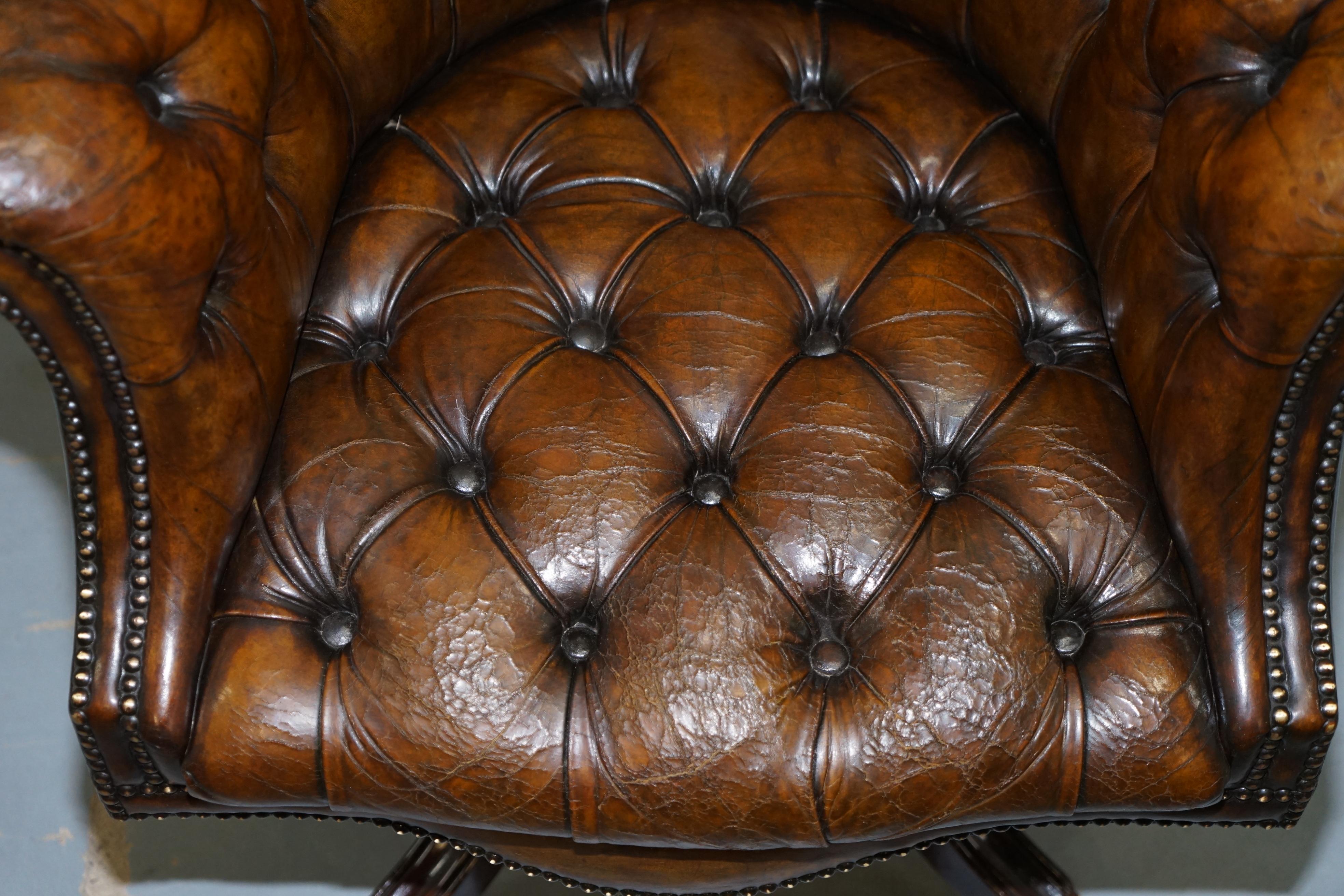 Restored Victorian Chesterfield Barrel Brown Leather Directors Captains Chair 1