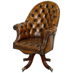 Restored Victorian Chesterfield Barrel Brown Leather Directors Captains Chair