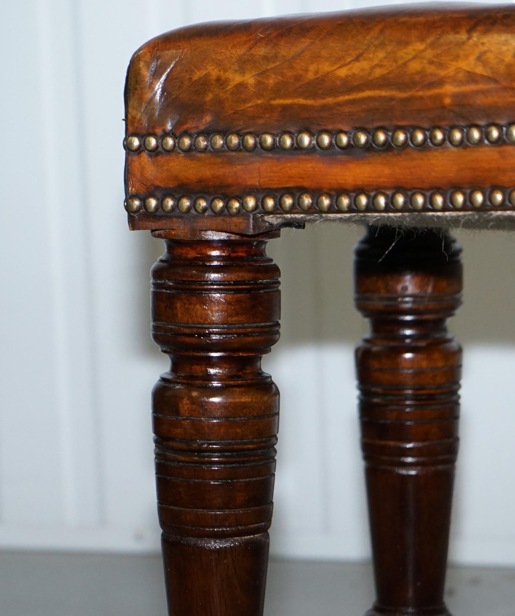 Restored Victorian Chesterfield Whiskey Brown Leather Bench Window Seat Stool 1
