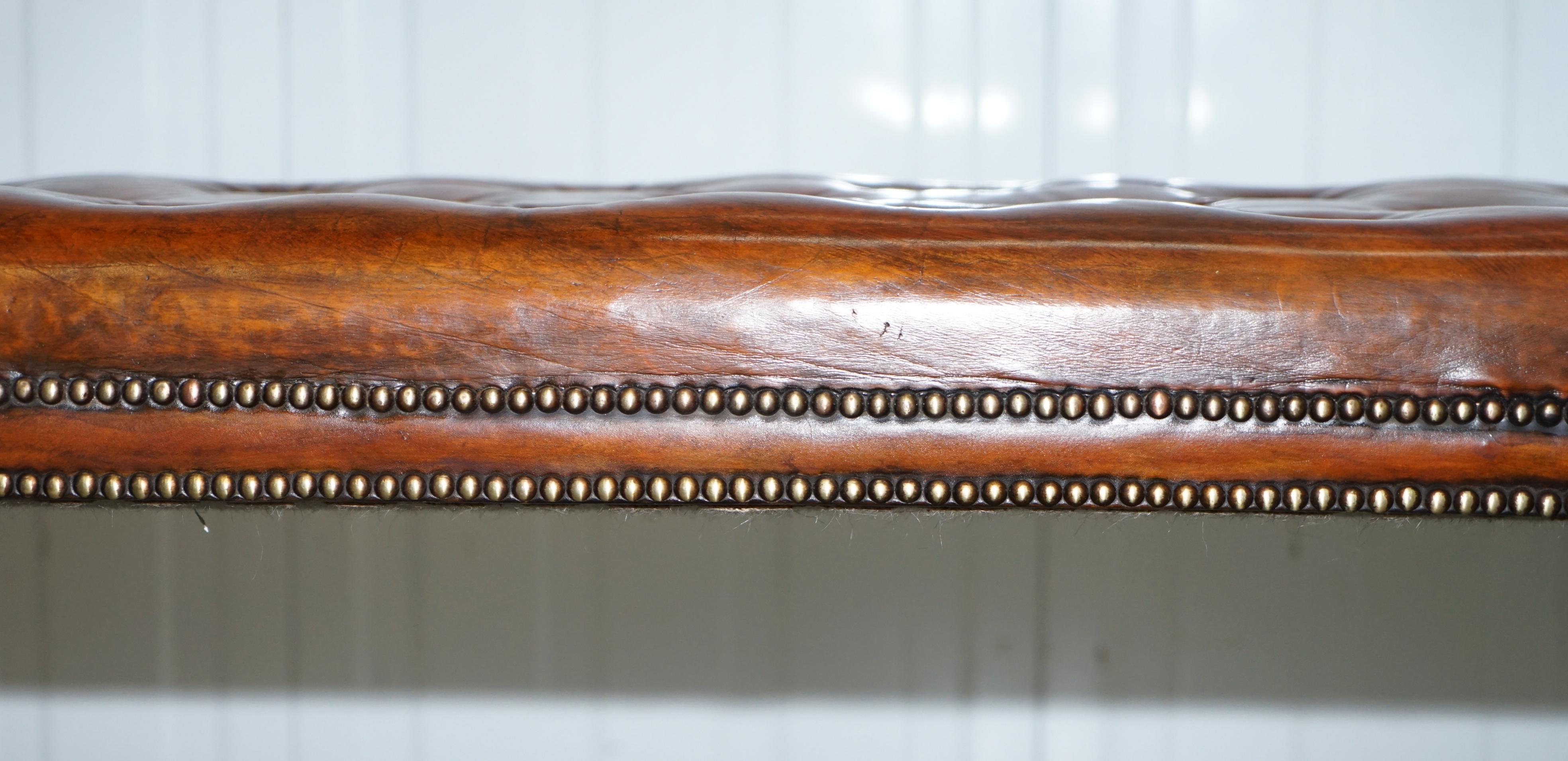 Restored Victorian Chesterfield Whiskey Brown Leather Bench Window Seat Stool 6