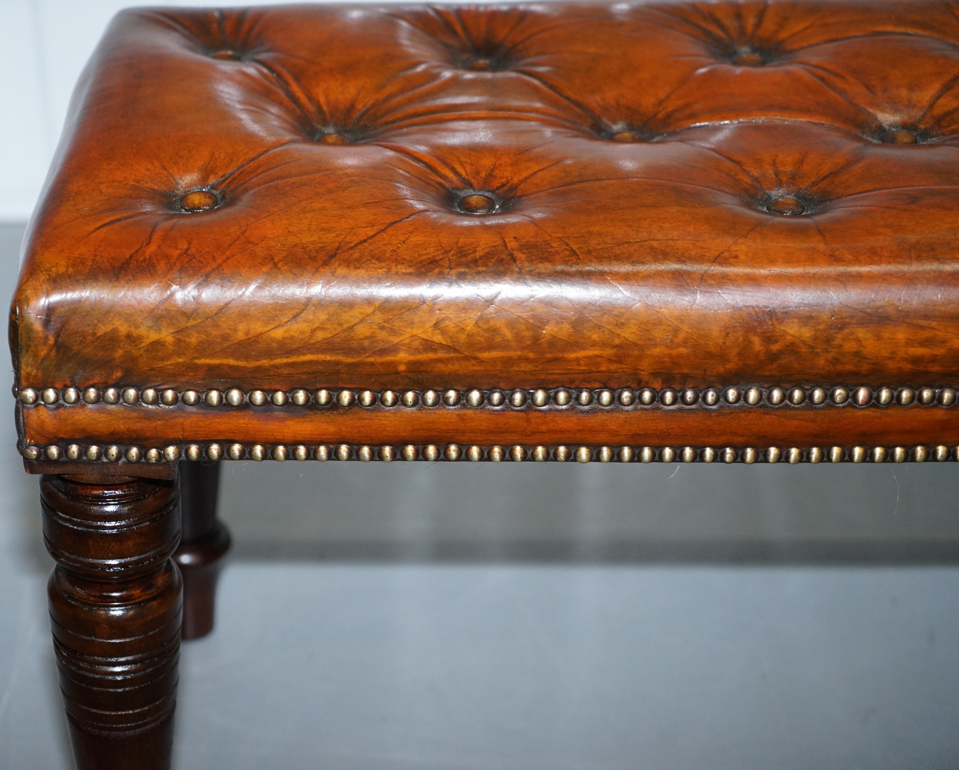 Restored Victorian Chesterfield Whiskey Brown Leather Bench Window Seat Stool 7