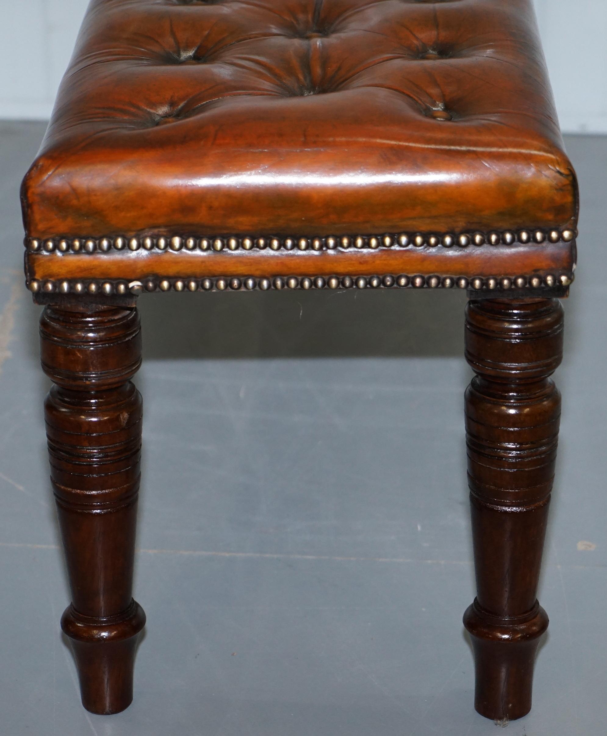 Restored Victorian Chesterfield Whiskey Brown Leather Bench Window Seat Stool 8