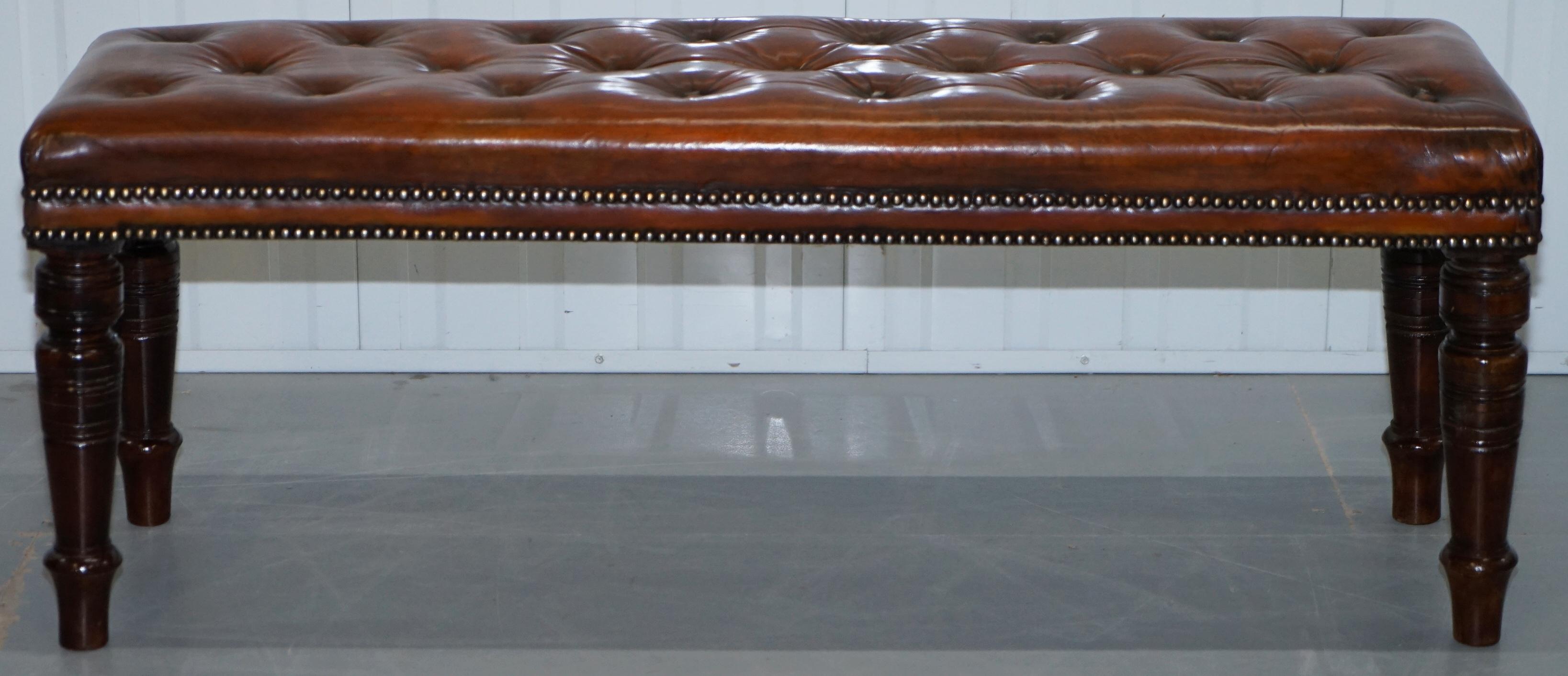 Restored Victorian Chesterfield Whiskey Brown Leather Bench Window Seat Stool 9